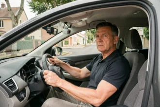 Conducteur de véhicule radar privé au volant sur une route périurbaine française, équipement discret visible sur le pare-brise