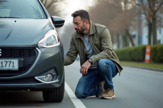 Homme examine une plaque d'immatriculation européenne à côté de sa voiture