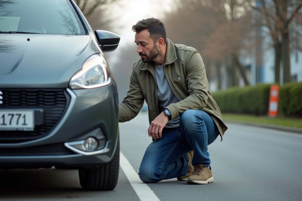 Homme examine une plaque d'immatriculation européenne à côté de sa voiture