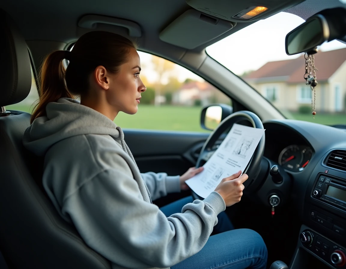 Femme assise dans une Renault Clio 2 garée consultant un manuel de réparation imprimé pour désactiver manuellement l'anti-démarrage du véhicule