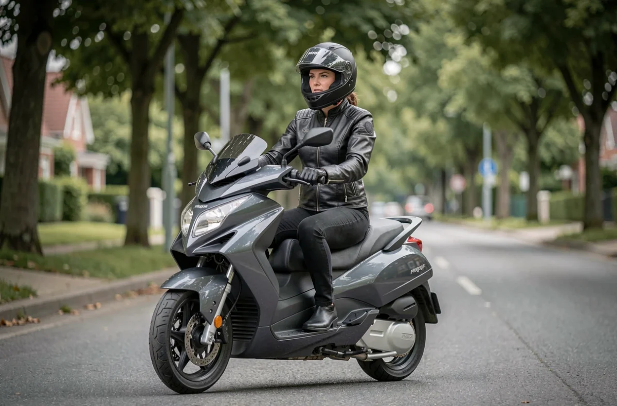 Femme équipée d'un casque intégral et d'une veste en cuir assise sur un scooter Piaggio MP3 500 gris sur une avenue arborée