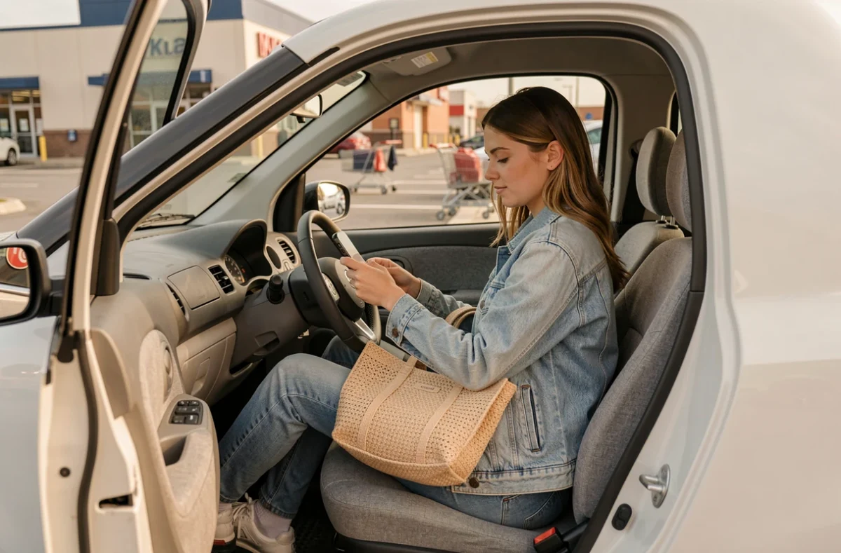 Jeune femme au volant d'une voiture sans permis dans un parking de supermarché, scène du quotidien illustrant l'usage pratique d'un quadricycle