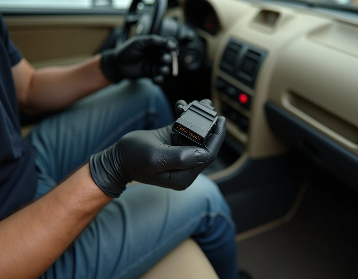 Mains gantées tenant un connecteur OBD près de la colonne de direction d'une Clio 2 pour tenter de réinitialiser l'anti-démarrage sans valise de diagnostic