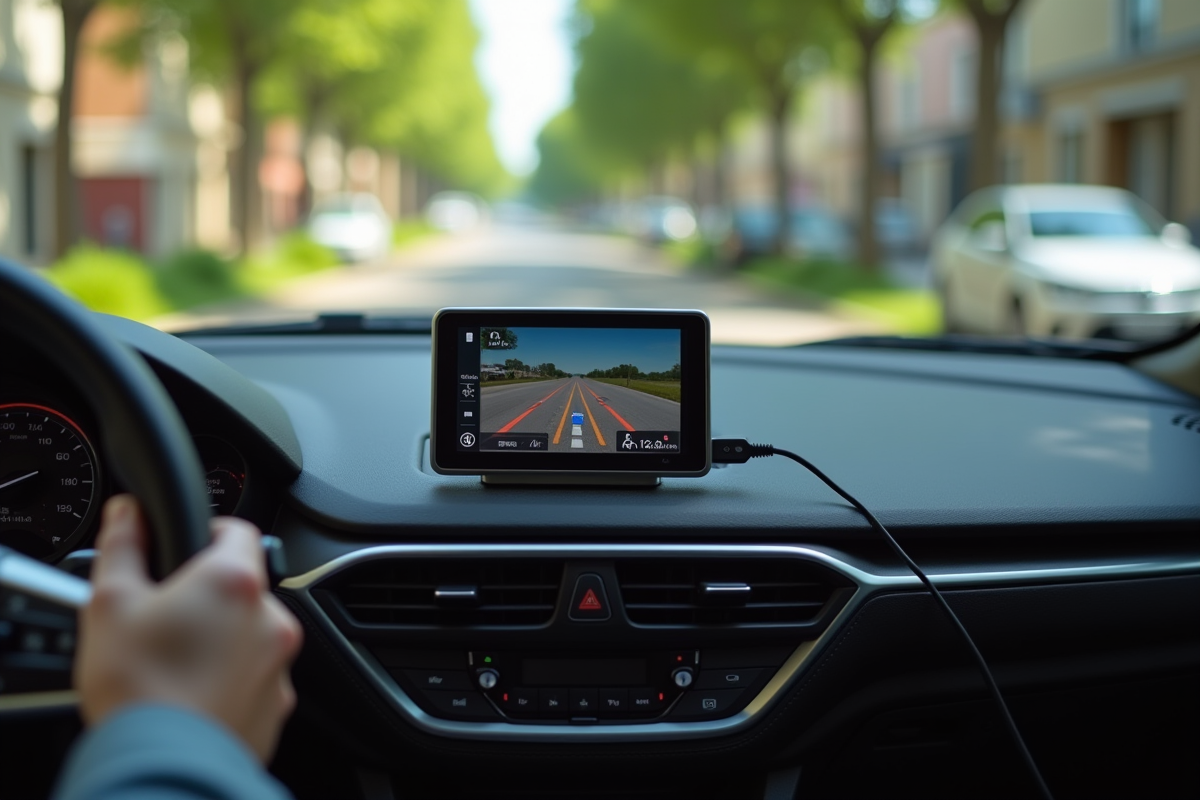 Voiture avec GPS connecté sur un tableau de bord en ville