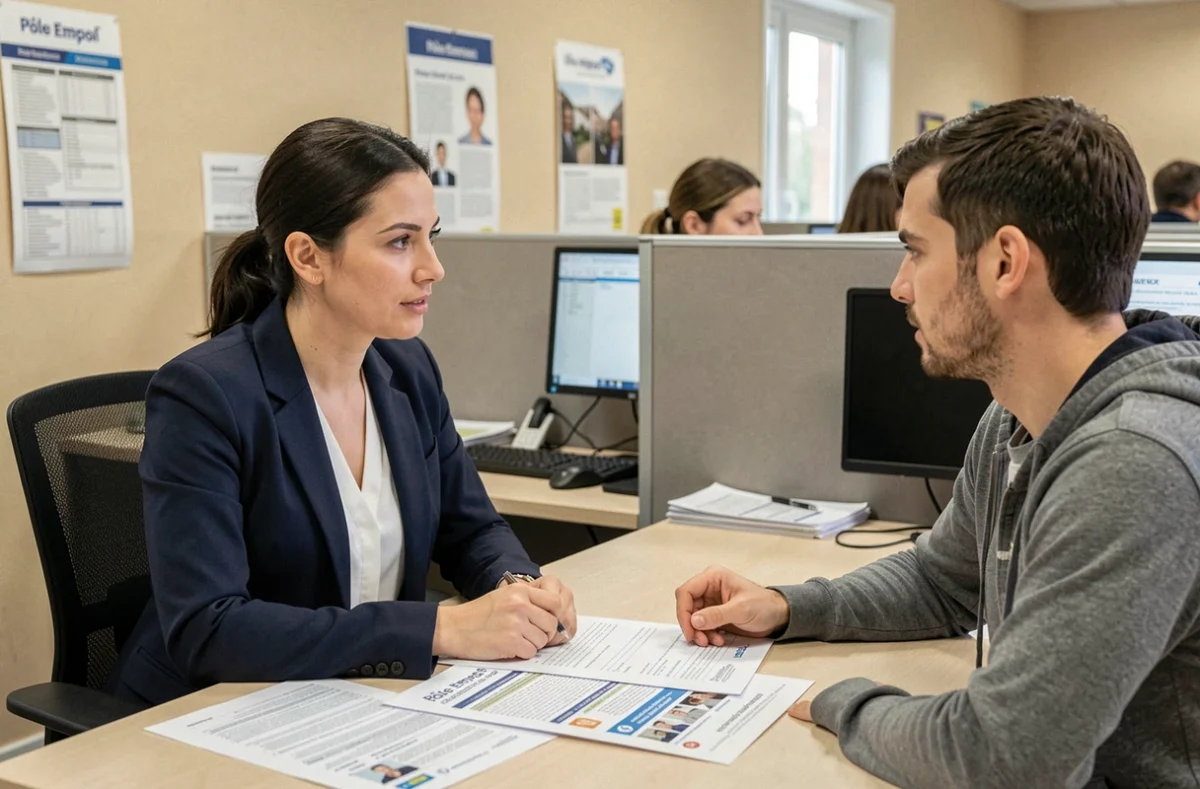 Conseiller Pôle emploi discutant d'une offre d'emploi de conducteur véhicule radar avec un demandeur d'emploi dans une agence française