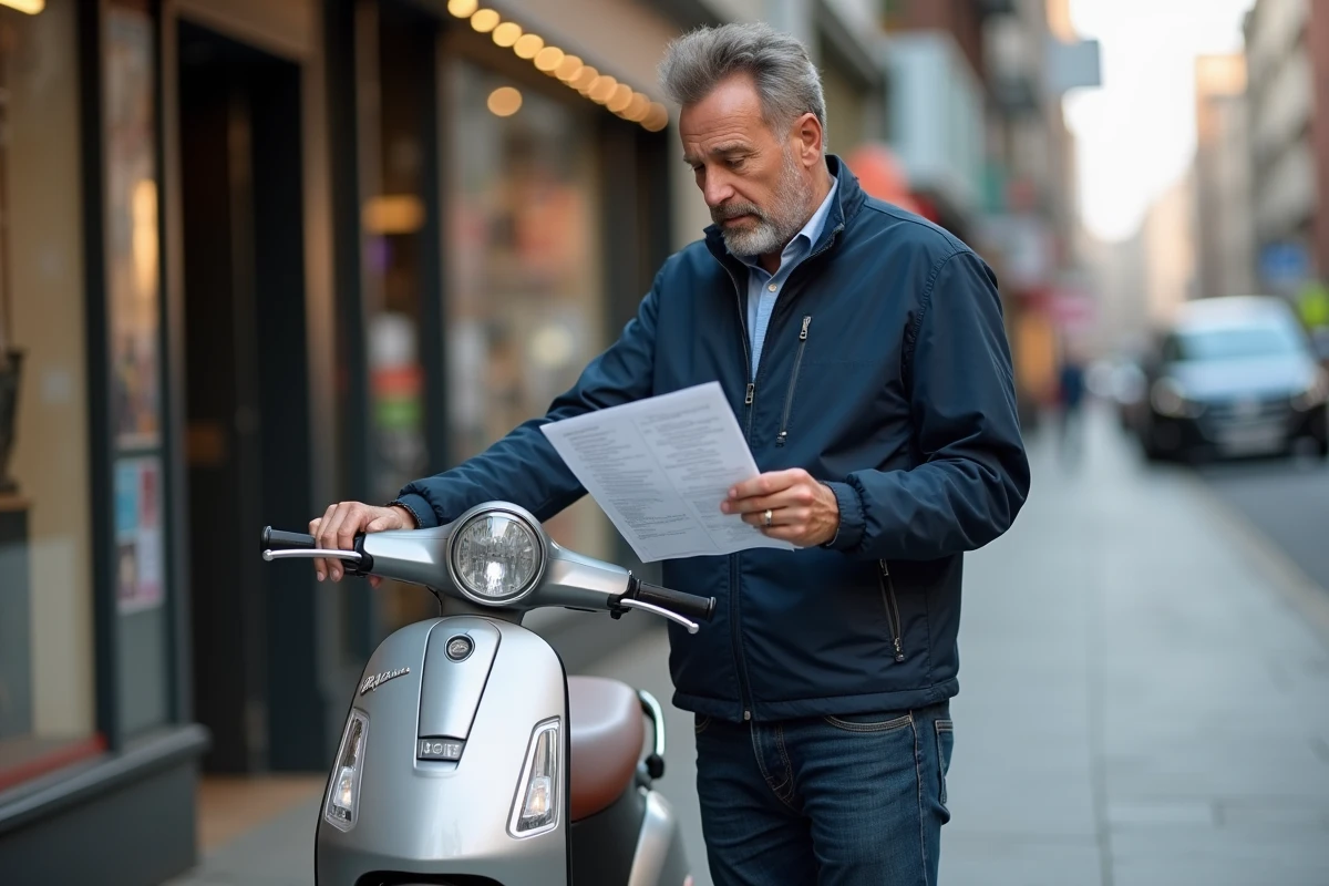 Homme consultant l'argus des scooters devant un scooter urbain d'occasion garé sur un trottoir