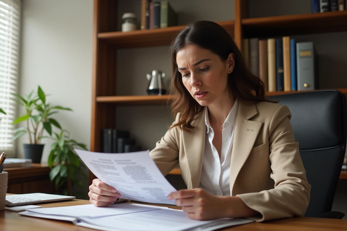 Femme consultant des documents d'assurance après sinistre à son bureau à domicile