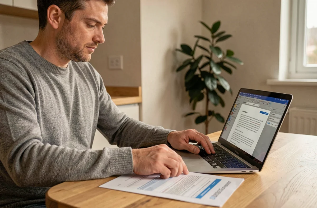 Homme consultant un PDF de fiche simplifiée de vérification de permis sur ordinateur portable à domicile