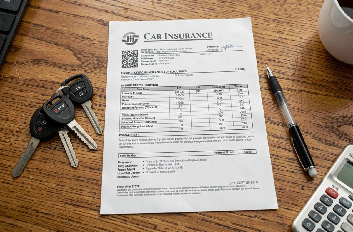 Vue de dessus d'un contrat d'assurance auto avec clés de voiture et calculatrice sur un bureau en bois