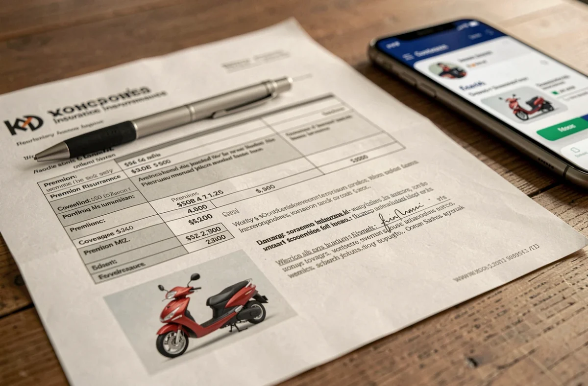 Document de contrat d'assurance scooter MP3 500 posé sur une table en bois avec stylo et smartphone affichant une application d'assurance