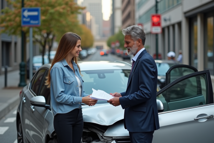 Homme en costume échangeant documents d'assurance avec une jeune femme