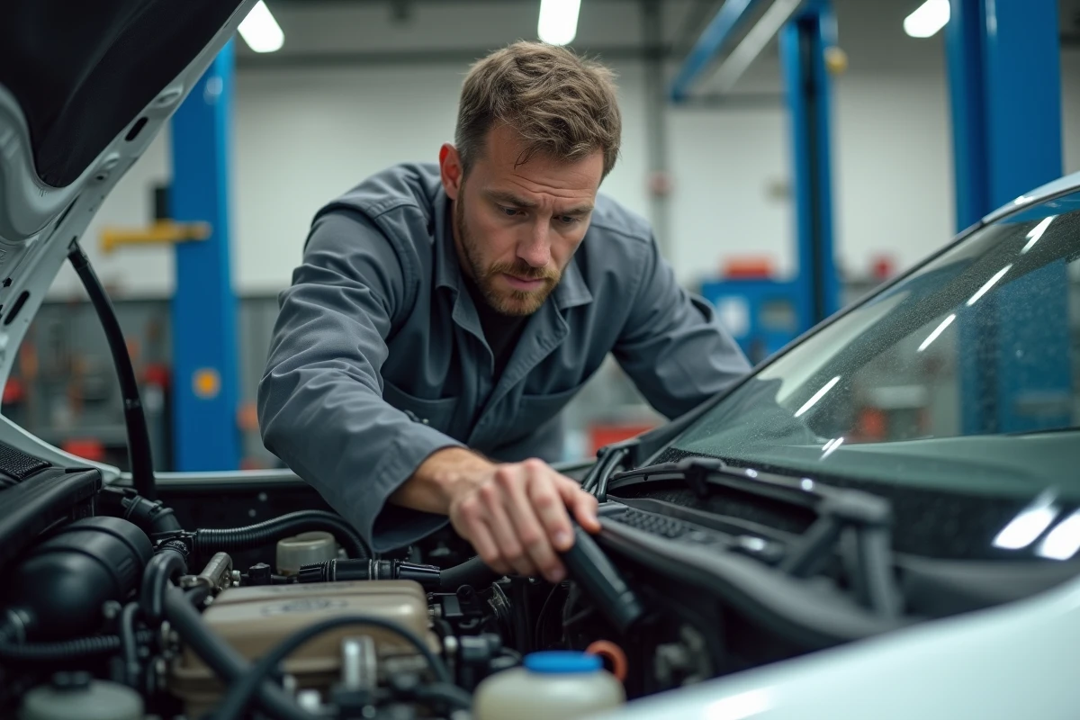 Mécanicien effectuant un contrôle technique d'une voiture d'occasion avant achat dans un garage