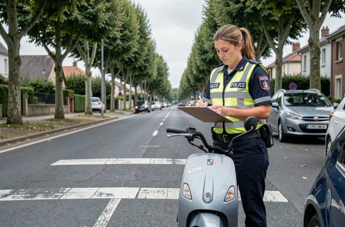 Policière municipale contrôlant un scooter 50cc sur le bord de la route et rédigeant un procès-verbal pour défaut d'assurance