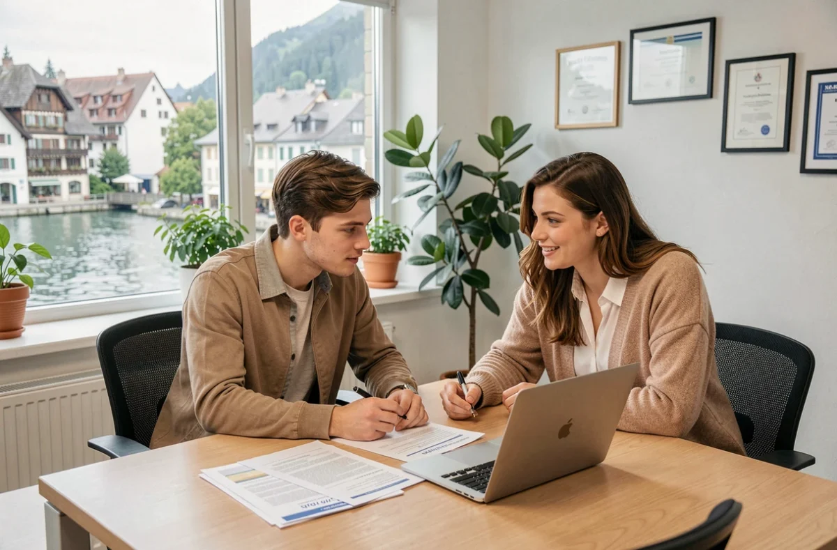 Couple en agence d'assurance auto à Annecy discutant de leur contrat avec un conseiller