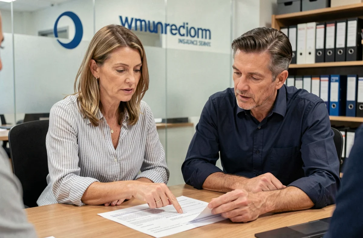 Couple en agence d'assurance examinant un contrat d'assurance automobile avec un conseiller