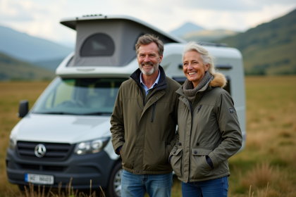 Couple souriant devant un van moderne en pleine nature