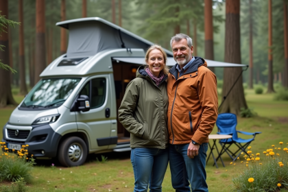 Couple souriant devant leur van en forêt