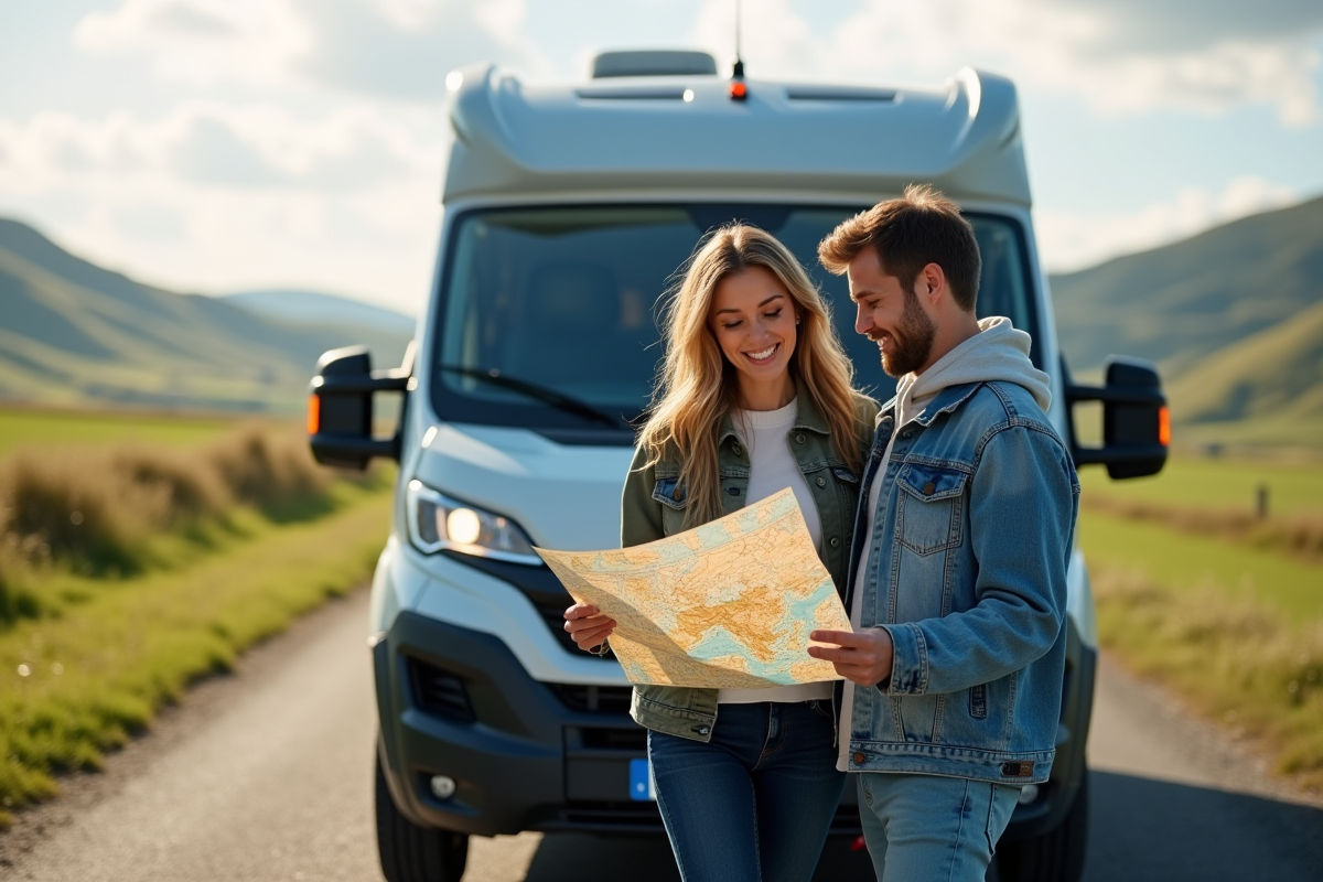 Jeune couple avec van de camping dans la nature