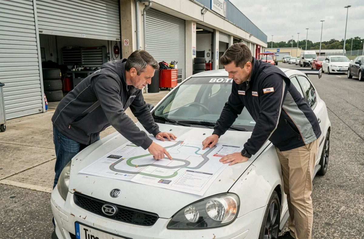 Couple étudiant le tracé du circuit dans les stands lors d'un stage de pilotage en duo
