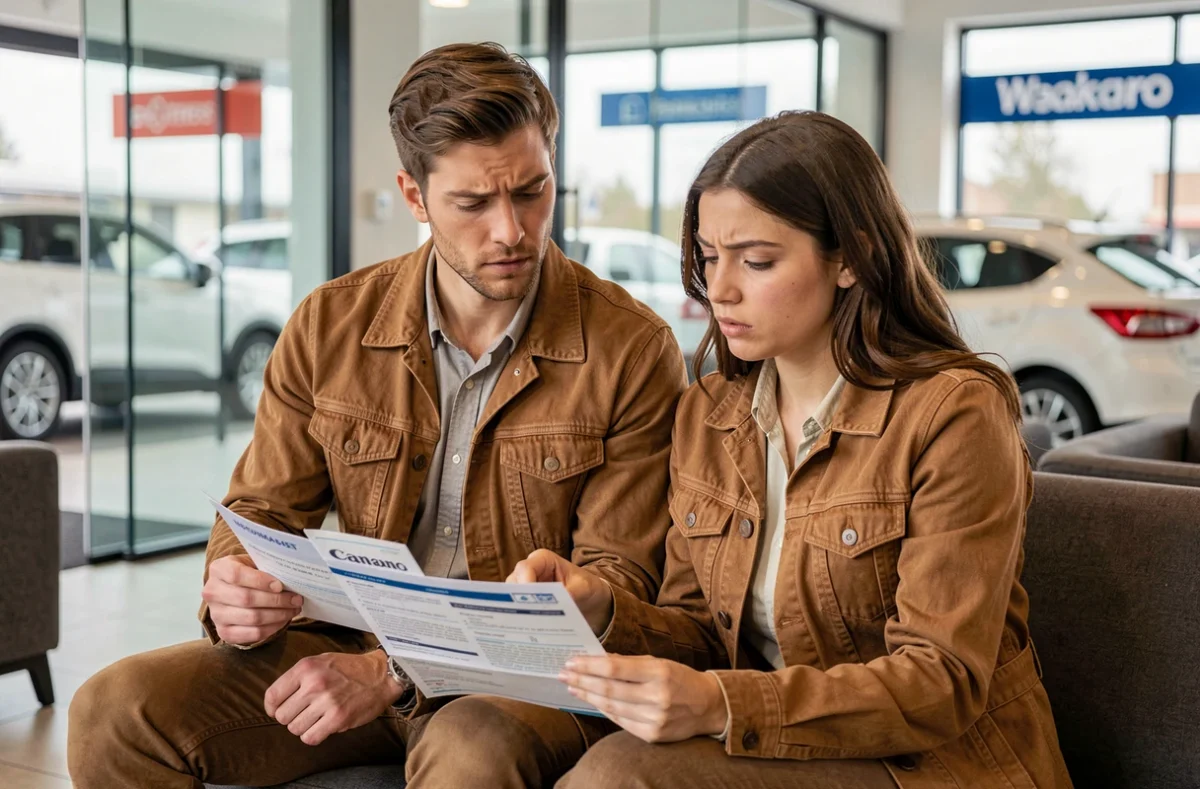 Jeune couple en concession automobile étudiant les tarifs d'assurance auto en France