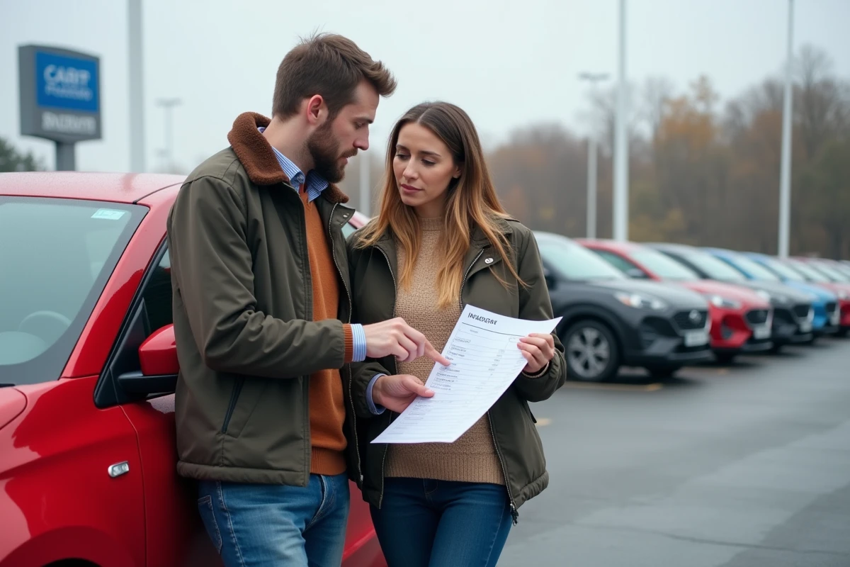 Un couple examine une facture d&eacute;taillant les frais suppl&eacute;mentaires sur l'achat d'une voiture neuve dans un parking de concession