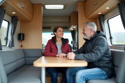 Couple détendu dans un camping-car moderne intérieur chaleureux