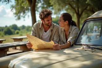 Couple planifiant un road trip économique sur autoroutes françaises avec une carte routière posée sur leur voiture dans une aire de repos