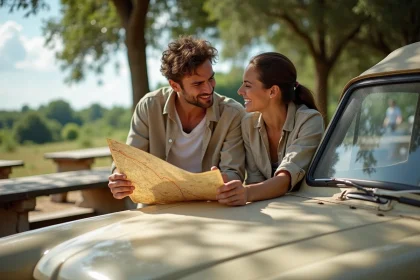 Couple planifiant un road trip économique sur autoroutes françaises avec une carte routière posée sur leur voiture dans une aire de repos