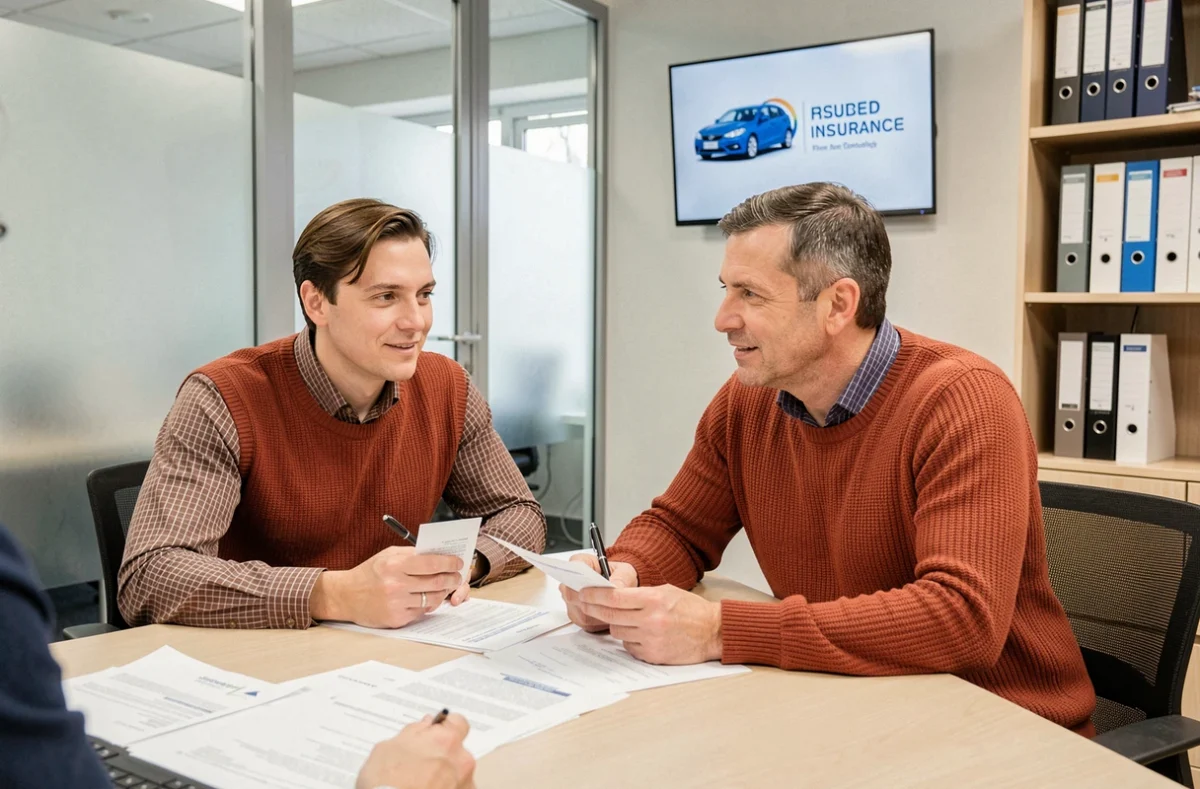Couple en rendez-vous avec un conseiller pour souscrire une assurance voiture Suravenir