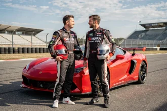 Couple en combinaisons de pilotage devant une voiture de sport rouge sur un circuit automobile professionnel