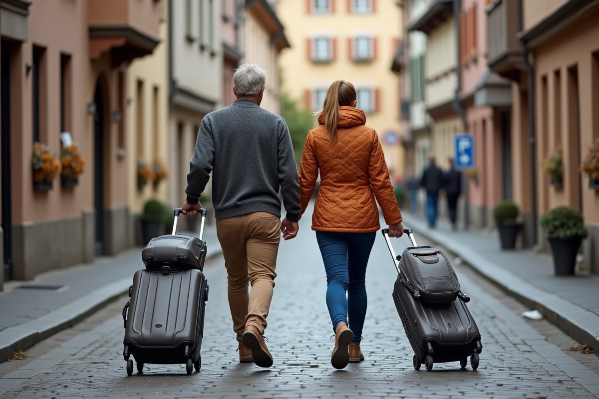 Couple avec valises et poussette dans une rue piétonne près d'un parking à Colmar