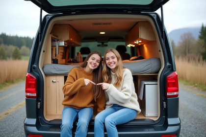 Jeune couple souriant devant van aménagé en nature