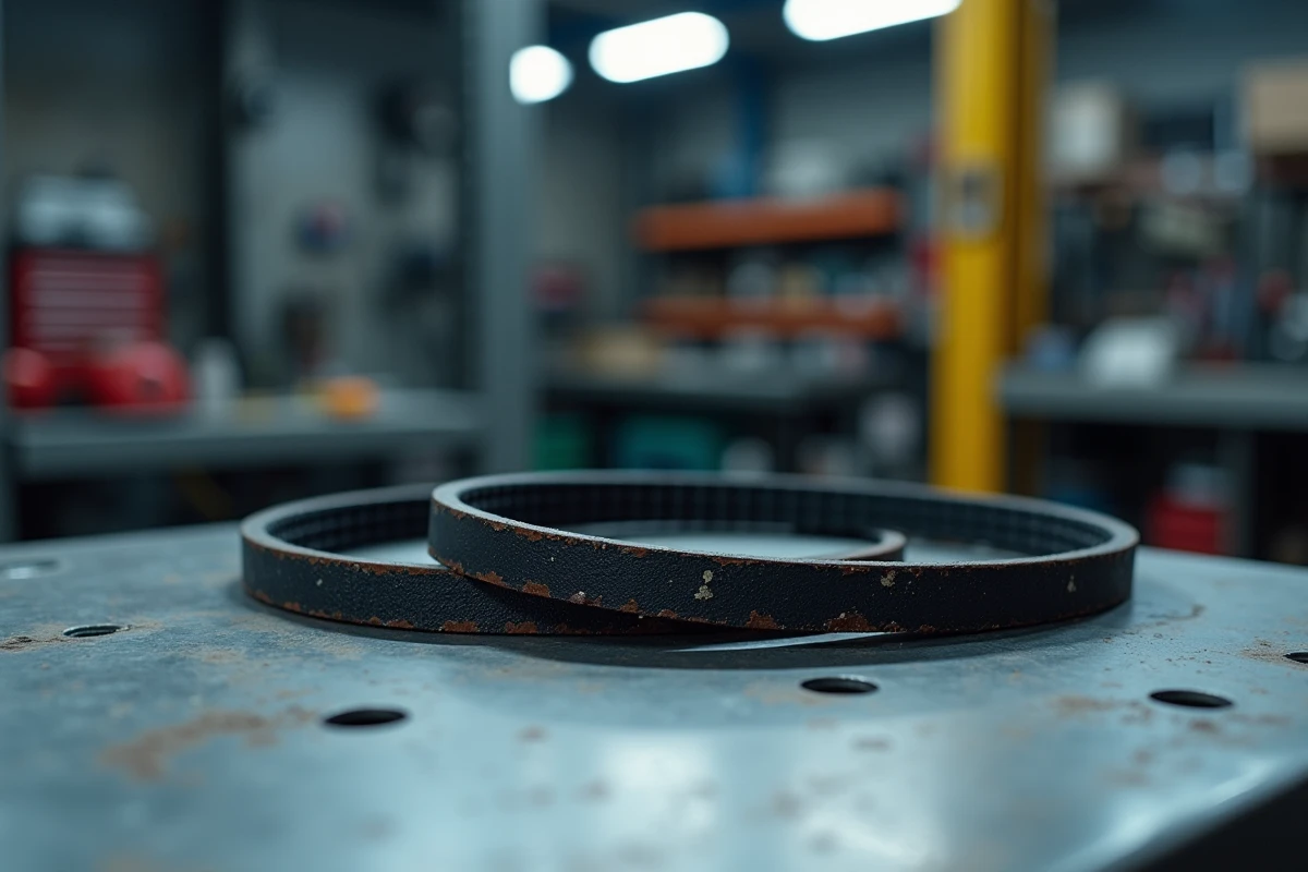 Comparaison entre une courroie de distribution usée et une neuve sur un établi de garage automobile