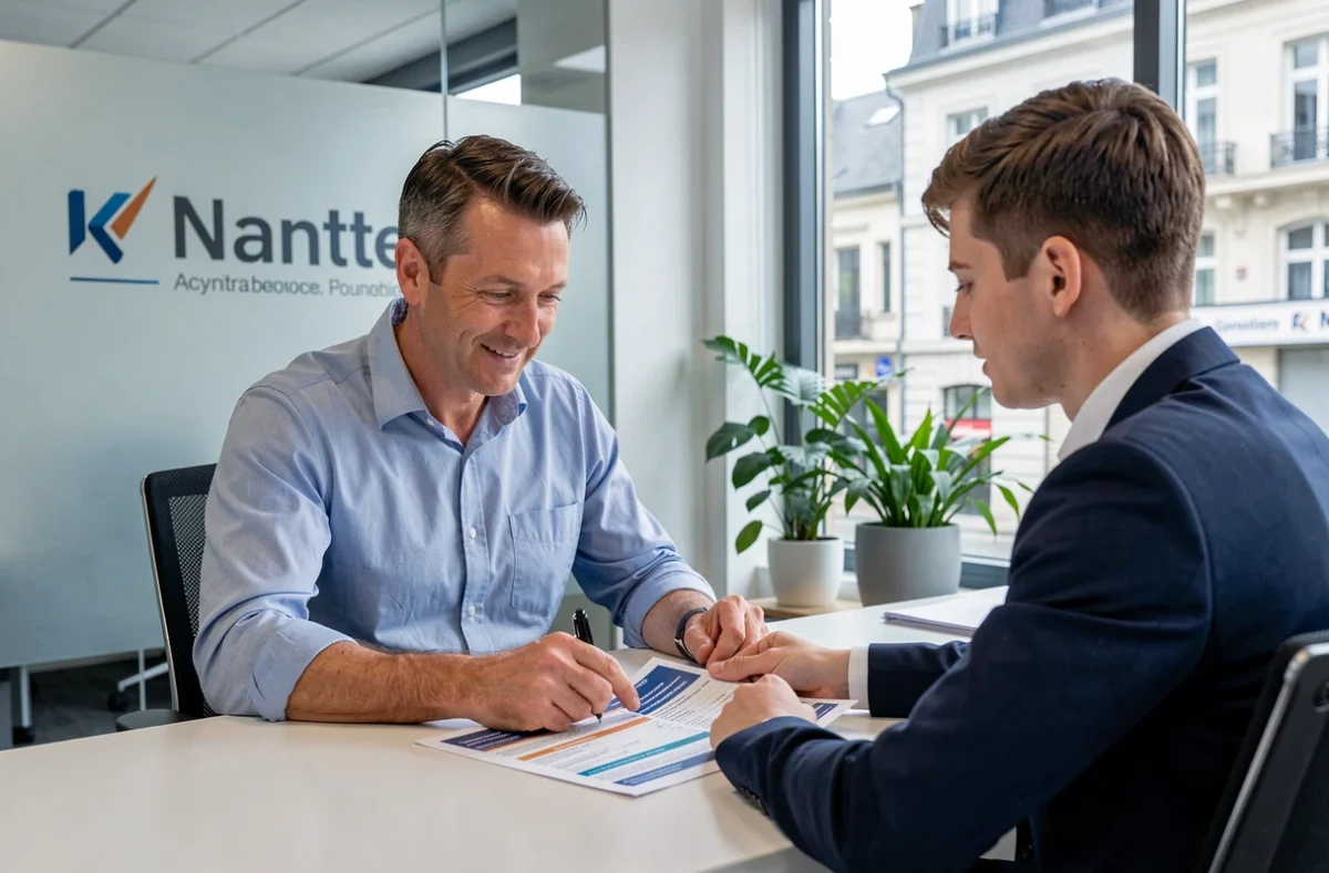 Courtier en assurance moto conseillant un client dans une agence à Nantes