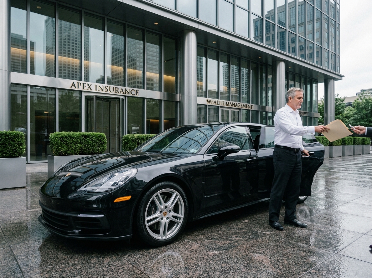 Agent d'assurance remettant un contrat à un client devant une Porsche Panamera noire garée devant un bureau moderne
