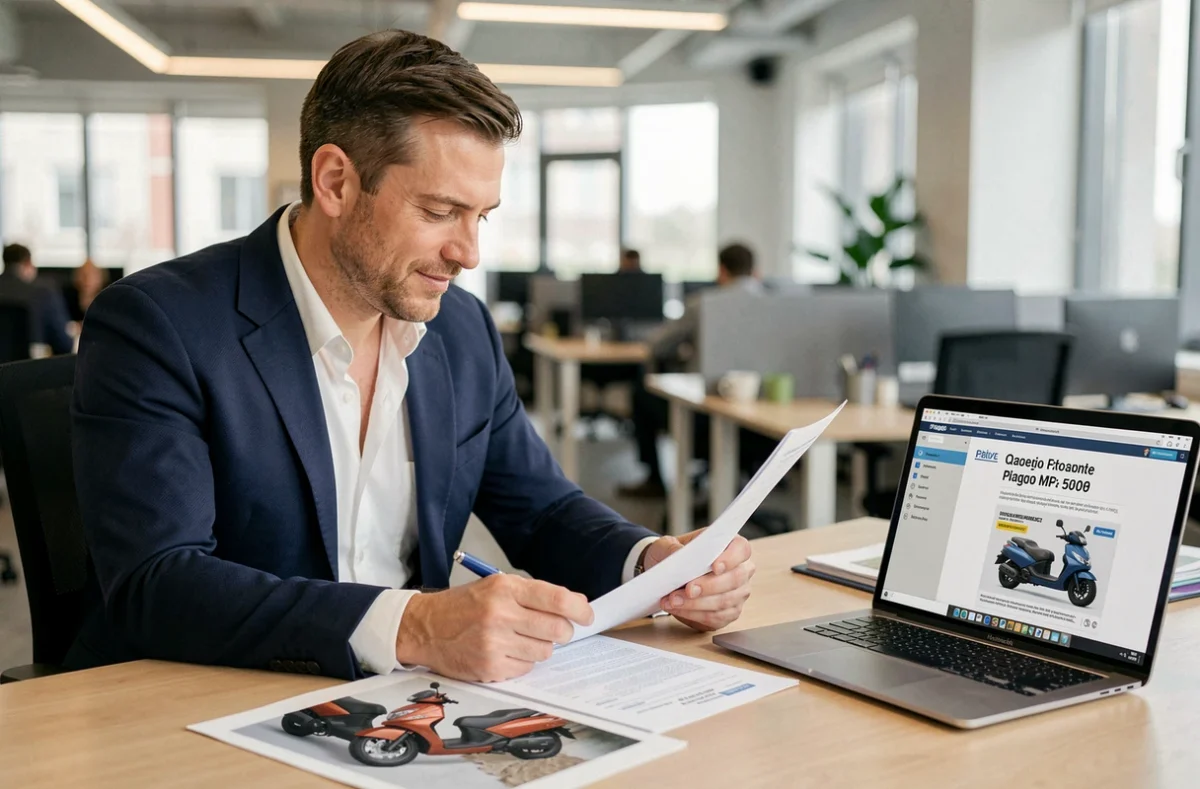Courtier en assurance consultant un contrat d'assurance pour scooter MP3 500 dans un bureau moderne avec documents et ordinateur