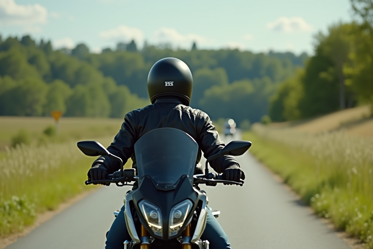 Motocycliste en équipement de sécurité dans la campagne