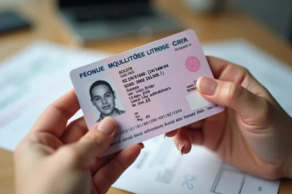 Femme tenant un permis de conduire français en montrant la date de délivrance du doigt