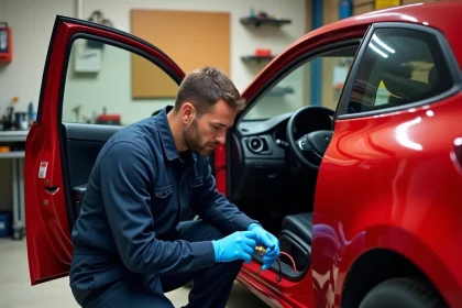 Mécanicien amateur inspectant le câblage sous le tableau de bord d'une Renault Clio 2 rouge dans un garage maison pour désactiver l'anti-démarrage manuellement