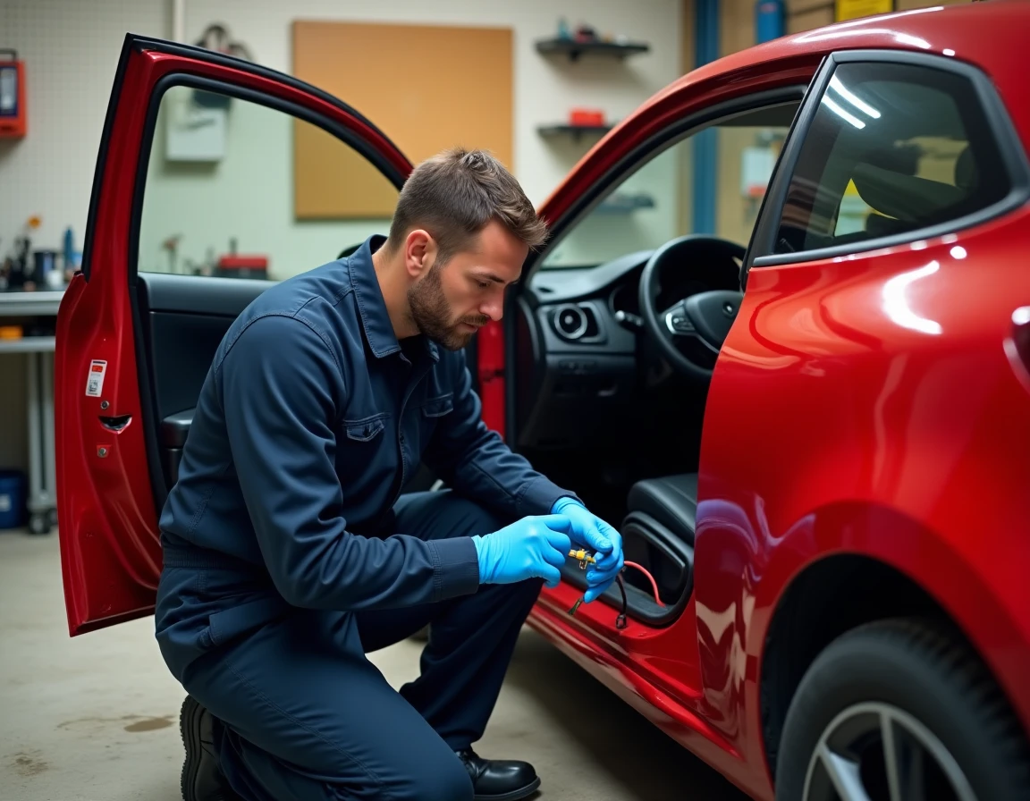 Mécanicien amateur inspectant le câblage sous le tableau de bord d'une Renault Clio 2 rouge dans un garage maison pour désactiver l'anti-démarrage manuellement