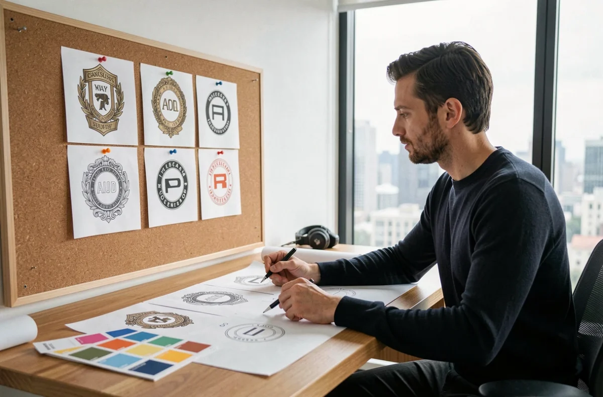 Designer automobile masculin comparant des logos de marques de voitures classiques et minimalistes dans un studio de design moderne