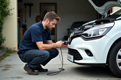 Homme diagnostiquant l'injection d'une Renault Clio 5 avec un scanner OBD2 dans une allée résidentielle
