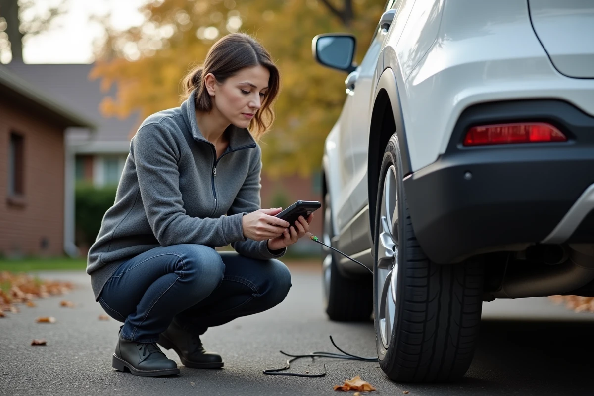 Femme utilisant un scanner OBD2 pour tester le capteur ABS d'un SUV blanc dans une allée résidentielle