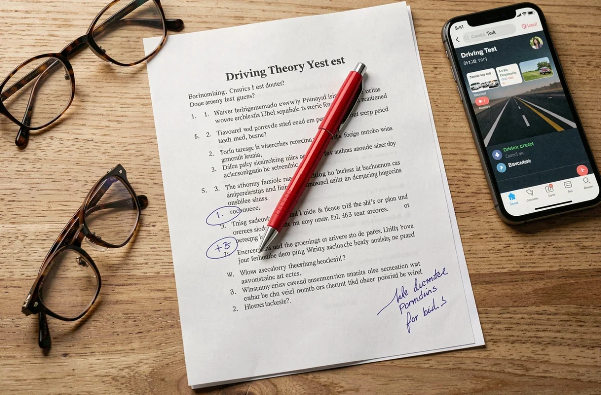 Document PDF des questions du permis de conduire imprimé sur une table avec annotations et stylo rouge pour révision