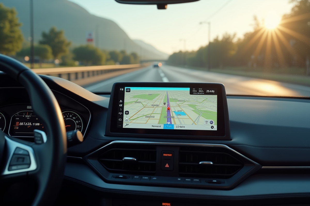 Ecran GPS dans une voiture moderne affichant la localisation sur une carte urbaine