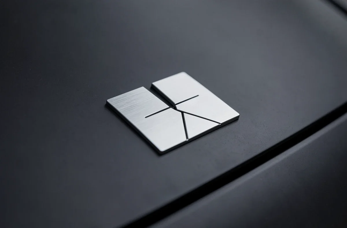 Gros plan sur un emblème de marque automobile minimaliste en chrome mat sur carrosserie noire, illustrant la tendance à l'épuration des logos de voiture
