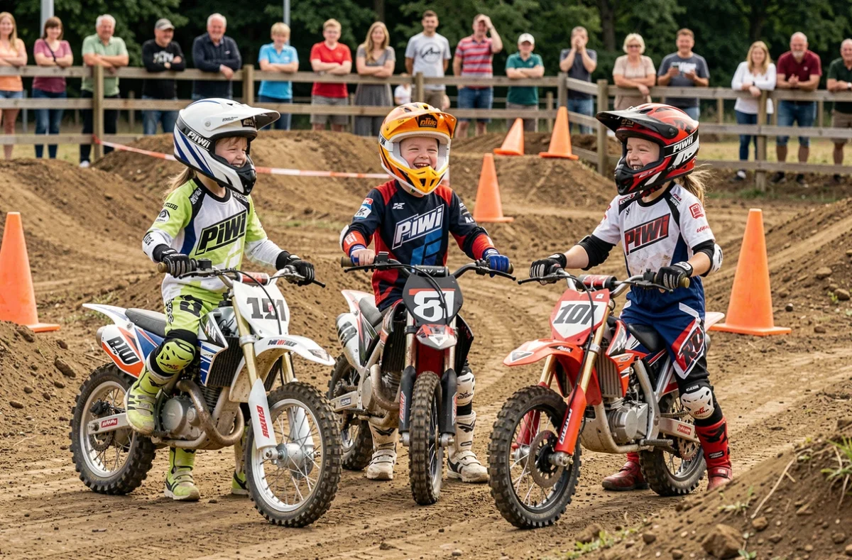 Groupe d'enfants en équipement de protection découvrant le Piwi 80 sur un circuit junior encadré