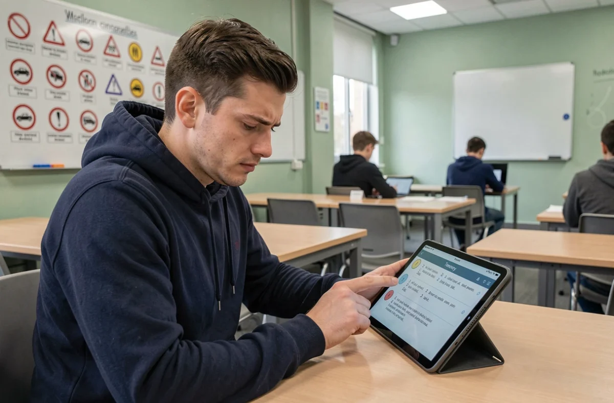 Étudiant en auto-école révisant les 100 questions du permis de conduire sur une tablette en salle de cours