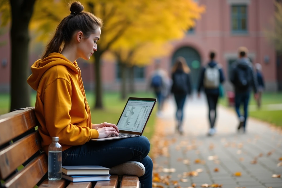 Étudiante estimant le coût de ses trajets en voiture sur un ordinateur portable avec un budget mensuel sur un campus universitaire en automne