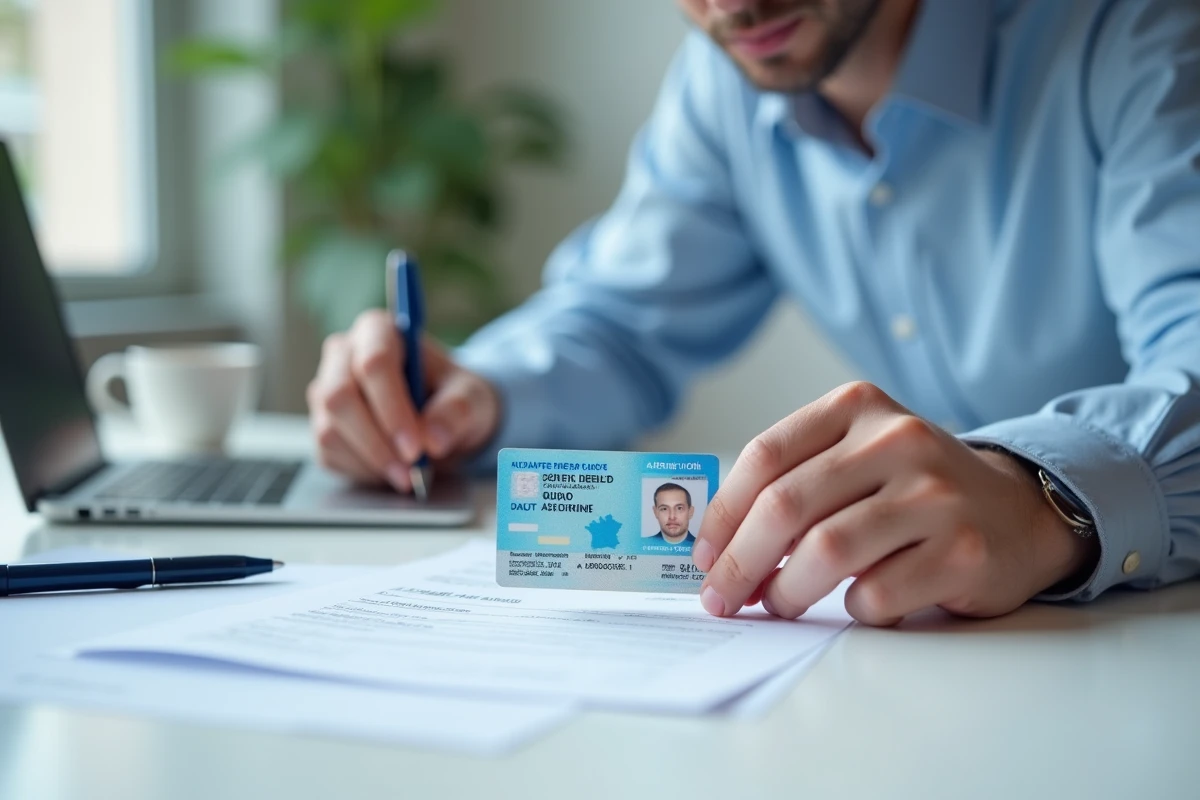 Homme examinant attentivement un permis de conduire format carte sur un bureau administratif